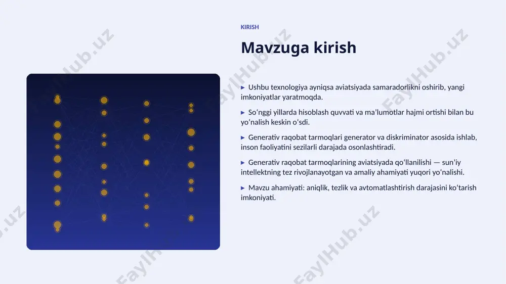 olishi lozim. ▸ tartibga solish va standartlarga rioya etish zarur. modellar mashhur model va vositalar ▸ gpt oilasi — matn generatsiyasi va suhbat agentlari. ▸ bert — matnni chuqur tushunish va tasniflash. ▸ stable diffusion — matndan rasm yaratish. ▸ tensorflow va pytorch — ishlab chiqish freymvorklari. ▸ hugging face — ochiq modellar ekotizimi. afzallik asosiy afzalliklari 64% samaradorlik oshishi 3x tezroq qaror qabul qilish 24% xarajatlar kamayishi 94% yuqori aniqlik darajasi muammo muammolar va cheklovlar texnik chaqiriqlar • sifatli maʼlumot yetishmasligi • yuqori hisoblash xarajatlari • modellarni izohlash qiyinligi • xavfsizlik va barqarorlik tashkiliy chaqiriqlar • malakali mutaxassislar tanqisligi • integratsiya murakkabligi • etik va huquqiy masalalar • oʻzgarishlarga moslashish bozor statistika va bozor tendensiyalari ▸ global ai bozori har yili oʻrtacha 23% oʻsmoqda. ▸ kompaniyalarning 74% aini joriy etishni rejalashtirgan. ▸ investitsiyalar hajmi yildan-yilga rekord darajada ortmoqda. ▸ aviatsiya sohada talab tez oʻsib bormoqda. ▸ ai koʻnikmalariga ega …