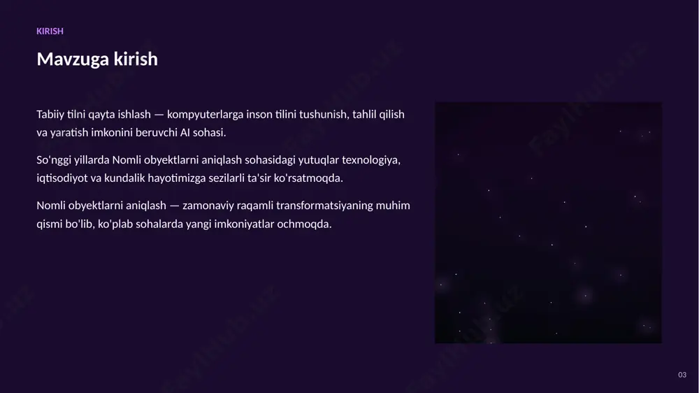 ati yanada ortib boradi ▪ nomli obyektlarni aniqlash zamonaviy texnologiyalarning muhim tarkibiy qismidir ▪ mas'uliyatli va etik yondashuv muvaffaqiyat kalitidir 17 rahmat! e'tiboringiz uchun tashakkur — savollaringizni kutamiz nomli obyektlarni aniqlash — imkoniyatlar va istiqbollar image1.jpg image2.jpg image3.jpg image4.jpg image5.jpg image6.png image7.png image8.jpg
