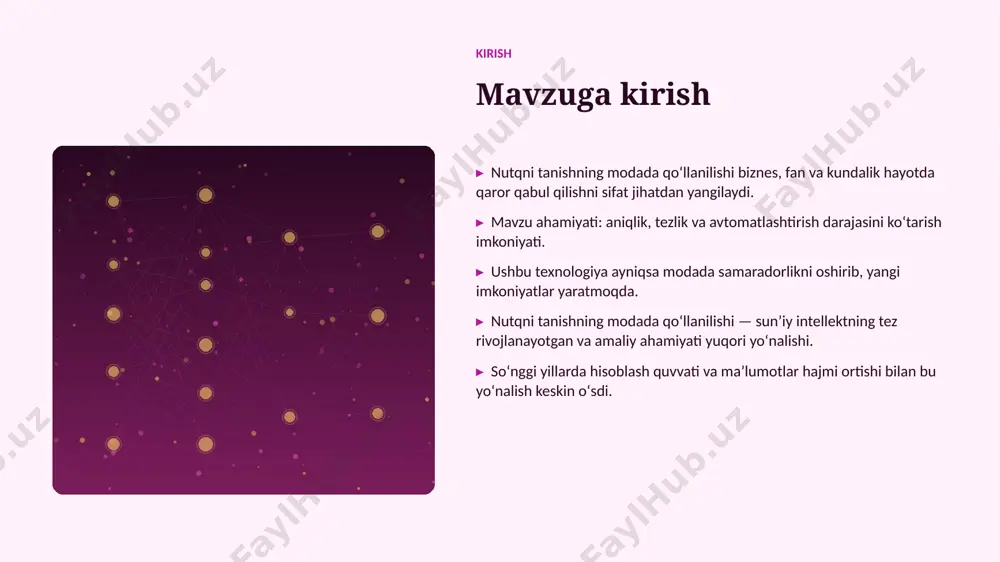 ab chiqilmoqda. afzallik asosiy afzalliklari 58% samaradorlik oshishi 3x tezroq qaror qabul qilish 34% xarajatlar kamayishi 97% yuqori aniqlik darajasi muammo muammolar va cheklovlar texnik chaqiriqlar • sifatli maʼlumot yetishmasligi • yuqori hisoblash xarajatlari • modellarni izohlash qiyinligi • xavfsizlik va barqarorlik tashkiliy chaqiriqlar • malakali mutaxassislar tanqisligi • integratsiya murakkabligi • etik va huquqiy masalalar • oʻzgarishlarga moslashish bozor statistika va bozor tendensiyalari ▸ global ai bozori har yili oʻrtacha 27% oʻsmoqda. ▸ kompaniyalarning 67% aini joriy etishni rejalashtirgan. ▸ investitsiyalar hajmi yildan-yilga rekord darajada ortmoqda. ▸ moda sohada talab tez oʻsib bormoqda. ▸ ai koʻnikmalariga ega kadrlarga ehtiyoj keskin yuqori. kelajak kelajak istiqbollari ▸ multimodal va agentlik tizimlar keng tarqaladi. ▸ modellar samaradorligi va energiya tejamkorligi oshadi. ▸ moda sohalarda chuqurroq integratsiya kutilmoqda. ▸ shaxsiylashtirilgan va mahalliy yechimlar koʻpayadi. ▸ inson–ai hamkorligi yangi bosqichga oʻtadi. xulosa xulosa va tavsiyalar ▸ nutqni tanishning modada qoʻllanilishi — bugungi va ertangi …