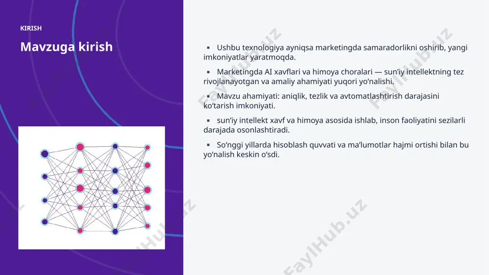 ejalashtirgan. ▪ investitsiyalar hajmi yildan-yilga rekord darajada ortmoqda. ▪ marketing sohada talab tez oʻsib bormoqda. ▪ ai koʻnikmalariga ega kadrlarga ehtiyoj keskin yuqori. kelajak kelajak istiqbollari ▪ multimodal va agentlik tizimlar keng tarqaladi. ▪ modellar samaradorligi va energiya tejamkorligi oshadi. ▪ marketing sohalarda chuqurroq integratsiya kutilmoqda. ▪ shaxsiylashtirilgan va mahalliy yechimlar koʻpayadi. ▪ inson–ai hamkorligi yangi bosqichga oʻtadi. xulosa xulosa va tavsiyalar ▪ marketingda ai xavflari va himoya choralari — bugungi va ertangi kunning hal qiluvchi texnologiyasi. ▪ maʼlumot sifati va etik yondashuv muvaffaqiyat kaliti. ▪ bosqichma-bosqich joriy etish xavfni kamaytiradi. ▪ kadrlar malakasini oshirishga investitsiya zarur. ▪ doimiy monitoring va takomillashtirish talab etiladi. eʼtiboringiz uchun rahmat! marketingda ai xavflari va himoya choralari savollar & muhokama image1.jpg image2.jpg image3.jpg image4.jpg image5.jpg image6.jpg image7.jpg image8.jpg image9.jpg image10.jpg image11.jpg image12.jpg image13.jpg image14.jpg image15.jpg