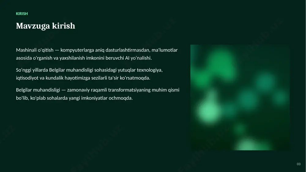 ojlanmoqda va yangi imkoniyatlar ochmoqda ▪ mas'uliyatli va etik yondashuv muvaffaqiyat kalitidir ▪ amaliy qo'llanilishi ko'plab tarmoqlarda samara bermoqda ▪ kelajakda uning ahamiyati yanada ortib boradi 17 rahmat! e'tiboringiz uchun tashakkur — savollaringizni kutamiz belgilar muhandisligi image1.jpg image2.jpg image3.jpg image4.jpg image5.jpg image6.png image7.png image8.jpg