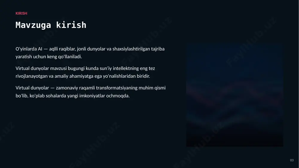 ada ortib boradi ▪ virtual dunyolar zamonaviy texnologiyalarning muhim tarkibiy qismidir 17 rahmat! e'tiboringiz uchun tashakkur — savollaringizni kutamiz virtual dunyolar — imkoniyatlar va istiqbollar image1.jpg image2.jpg image3.jpg image4.jpg image5.jpg image6.png image7.png image8.jpg image9.jpg image10.jpg