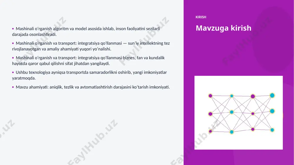 ow va pytorch — ishlab chiqish freymvorklari. ▪ hugging face — ochiq modellar ekotizimi. etika etika, xavfsizlik va maxfiylik ▪ maʼlumotlar maxfiyligi va shaxsiy axborot himoyasi ustuvor. ▪ algoritmik noxolislik (bias) nazorat qilinishi shart. ▪ qarorlar shaffof va tushuntiriladigan boʻlishi kerak. ▪ inson nazorati muhim qarorlarda saqlanib qolishi lozim. ▪ tartibga solish va standartlarga rioya etish zarur. afzallik asosiy afzalliklari 55% samaradorlik oshishi 2x tezroq qaror qabul qilish 50% xarajatlar kamayishi 94% yuqori aniqlik darajasi muammolar va cheklovlar texnik chaqiriqlar ■ sifatli maʼlumot yetishmasligi ■ yuqori hisoblash xarajatlari ■ modellarni izohlash qiyinligi ■ xavfsizlik va barqarorlik tashkiliy chaqiriqlar ■ malakali mutaxassislar tanqisligi ■ integratsiya murakkabligi ■ etik va huquqiy masalalar ■ oʻzgarishlarga moslashish bozor statistika va bozor tendensiyalari ▪ global ai bozori har yili oʻrtacha 26% oʻsmoqda. ▪ kompaniyalarning 80% aini joriy etishni rejalashtirgan. ▪ investitsiyalar hajmi yildan-yilga rekord darajada ortmoqda. ▪ transport sohada talab tez oʻsib bormoqda. ▪ ai …