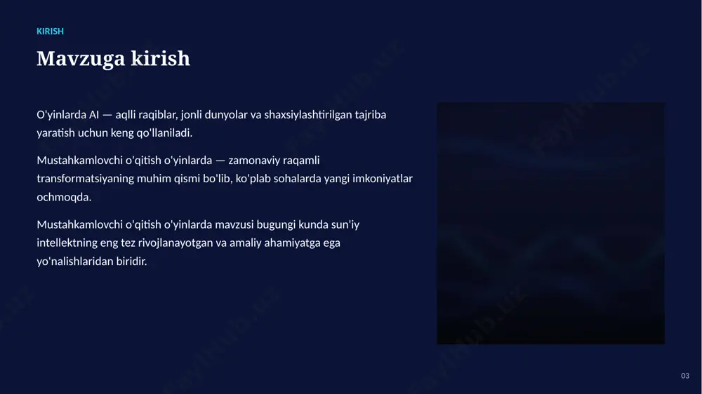 rivojlanmoqda va yangi imkoniyatlar ochmoqda ▪ mas'uliyatli va etik yondashuv muvaffaqiyat kalitidir ▪ amaliy qo'llanilishi ko'plab tarmoqlarda samara bermoqda 17 rahmat! e'tiboringiz uchun tashakkur — savollaringizni kutamiz mustahkamlovchi o'qitish o'yinlarda — imkoniyatlar va istiqbollar image1.jpg image2.jpg image3.jpg image4.jpg image5.jpg image6.jpg image7.png image8.png image9.jpg
