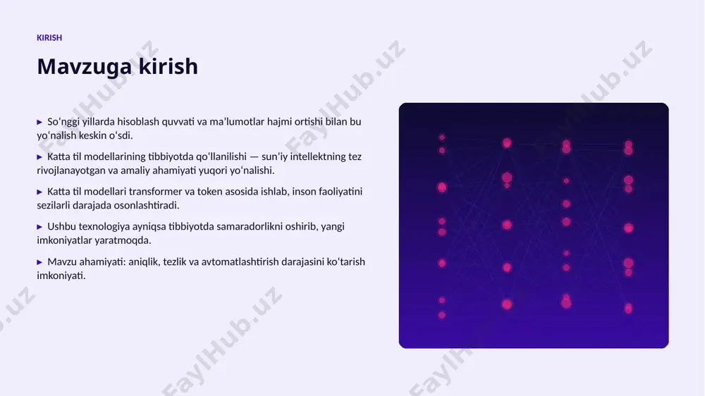 uddatda namoyon boʻladi. afzallik asosiy afzalliklari 57% samaradorlik oshishi 5x tezroq qaror qabul qilish 38% xarajatlar kamayishi 96% yuqori aniqlik darajasi muammo muammolar va cheklovlar texnik chaqiriqlar • sifatli maʼlumot yetishmasligi • yuqori hisoblash xarajatlari • modellarni izohlash qiyinligi • xavfsizlik va barqarorlik tashkiliy chaqiriqlar • malakali mutaxassislar tanqisligi • integratsiya murakkabligi • etik va huquqiy masalalar • oʻzgarishlarga moslashish bozor statistika va bozor tendensiyalari ▸ global ai bozori har yili oʻrtacha 18% oʻsmoqda. ▸ kompaniyalarning 71% aini joriy etishni rejalashtirgan. ▸ investitsiyalar hajmi yildan-yilga rekord darajada ortmoqda. ▸ tibbiyot sohada talab tez oʻsib bormoqda. ▸ ai koʻnikmalariga ega kadrlarga ehtiyoj keskin yuqori. kelajak kelajak istiqbollari ▸ multimodal va agentlik tizimlar keng tarqaladi. ▸ modellar samaradorligi va energiya tejamkorligi oshadi. ▸ tibbiyot sohalarda chuqurroq integratsiya kutilmoqda. ▸ shaxsiylashtirilgan va mahalliy yechimlar koʻpayadi. ▸ inson–ai hamkorligi yangi bosqichga oʻtadi. xulosa xulosa va tavsiyalar ▸ katta til modellarining tibbiyotda qoʻllanilishi — bugungi …