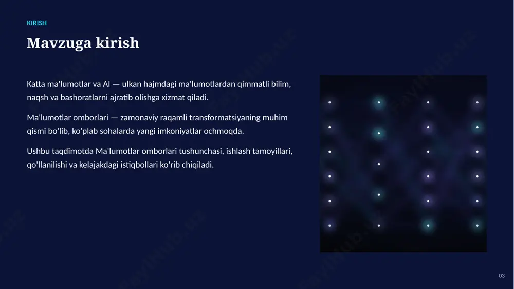rivojlanmoqda va yangi imkoniyatlar ochmoqda ▪ amaliy qo'llanilishi ko'plab tarmoqlarda samara bermoqda 17 rahmat! e'tiboringiz uchun tashakkur — savollaringizni kutamiz ma'lumotlar omborlari — imkoniyatlar va istiqbollar image1.jpg image2.jpg image3.jpg image4.jpg image5.jpg image6.png image7.png image8.jpg