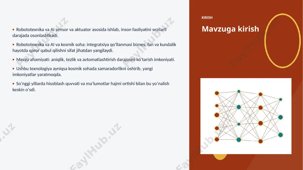 j misol amaliy misol va natijalar ▪ real loyihalarda robototexnika jarayon vaqtini 30–60% qisqartirgan. ▪ kosmik soha korxonalari xarajatlarni sezilarli kamaytirgan. ▪ aniqlik koʻrsatkichlari anʼanaviy usullardan ustun keladi. ▪ mijozlar qoniqishi va xizmat sifati oshgan. ▪ investitsiya qaytimi (roi) qisqa muddatda namoyon boʻladi. afzallik asosiy afzalliklari 36% samaradorlik oshishi 3x tezroq qaror qabul qilish 28% xarajatlar kamayishi 90% yuqori aniqlik darajasi muammolar va cheklovlar texnik chaqiriqlar ■ sifatli maʼlumot yetishmasligi ■ yuqori hisoblash xarajatlari ■ modellarni izohlash qiyinligi ■ xavfsizlik va barqarorlik tashkiliy chaqiriqlar ■ malakali mutaxassislar tanqisligi ■ integratsiya murakkabligi ■ etik va huquqiy masalalar ■ oʻzgarishlarga moslashish bozor statistika va bozor tendensiyalari ▪ global ai bozori har yili oʻrtacha 27% oʻsmoqda. ▪ kompaniyalarning 62% aini joriy etishni rejalashtirgan. ▪ investitsiyalar hajmi yildan-yilga rekord darajada ortmoqda. ▪ kosmik soha sohada talab tez oʻsib bormoqda. ▪ ai koʻnikmalariga ega kadrlarga ehtiyoj keskin yuqori. kelajak kelajak istiqbollari ▪ multimodal va agentlik …