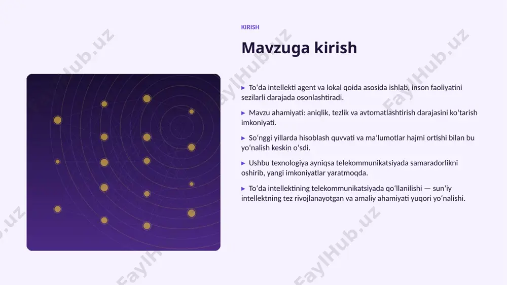 lar • malakali mutaxassislar tanqisligi • integratsiya murakkabligi • etik va huquqiy masalalar • oʻzgarishlarga moslashish bozor statistika va bozor tendensiyalari ▸ global ai bozori har yili oʻrtacha 38% oʻsmoqda. ▸ kompaniyalarning 59% aini joriy etishni rejalashtirgan. ▸ investitsiyalar hajmi yildan-yilga rekord darajada ortmoqda. ▸ telekommunikatsiya sohada talab tez oʻsib bormoqda. ▸ ai koʻnikmalariga ega kadrlarga ehtiyoj keskin yuqori. kelajak kelajak istiqbollari ▸ multimodal va agentlik tizimlar keng tarqaladi. ▸ modellar samaradorligi va energiya tejamkorligi oshadi. ▸ telekommunikatsiya sohalarda chuqurroq integratsiya kutilmoqda. ▸ shaxsiylashtirilgan va mahalliy yechimlar koʻpayadi. ▸ inson–ai hamkorligi yangi bosqichga oʻtadi. xulosa xulosa va tavsiyalar ▸ toʻda intellektining telekommunikatsiyada qoʻllanilishi — bugungi va ertangi kunning hal qiluvchi texnologiyasi. ▸ maʼlumot sifati va etik yondashuv muvaffaqiyat kaliti. ▸ bosqichma-bosqich joriy etish xavfni kamaytiradi. ▸ kadrlar malakasini oshirishga investitsiya zarur. ▸ doimiy monitoring va takomillashtirish talab etiladi. eʼtiboringiz uchun rahmat! toʻda intellektining telekommunikatsiyada qoʻllanilishi savollar & muhokama image1.jpg image2.jpg …