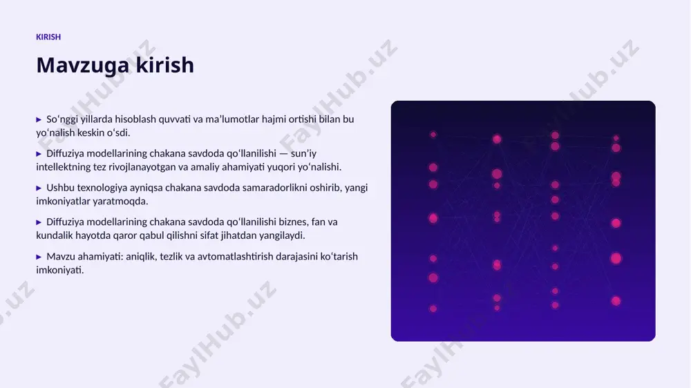 kana savdo sohalarida pilot loyihalar joriy etilmoqda. ▸ mahalliy til uchun resurslar va modellar ishlab chiqilmoqda. tahlil swot tahlili kuchli tomonlar • yuqori aniqlik va tezlik • avtomatlashtirish imkoni • masshtablanuvchanlik • doimiy takomillashish imkoniyat va xavflar • yangi bozorlar va xizmatlar • maʼlumot yetishmasligi xavfi • etik va huquqiy masalalar • malakali kadrlarga ehtiyoj afzallik asosiy afzalliklari 38% samaradorlik oshishi 3x tezroq qaror qabul qilish 24% xarajatlar kamayishi 99% yuqori aniqlik darajasi muammo muammolar va cheklovlar texnik chaqiriqlar • sifatli maʼlumot yetishmasligi • yuqori hisoblash xarajatlari • modellarni izohlash qiyinligi • xavfsizlik va barqarorlik tashkiliy chaqiriqlar • malakali mutaxassislar tanqisligi • integratsiya murakkabligi • etik va huquqiy masalalar • oʻzgarishlarga moslashish bozor statistika va bozor tendensiyalari ▸ global ai bozori har yili oʻrtacha 34% oʻsmoqda. ▸ kompaniyalarning 61% aini joriy etishni rejalashtirgan. ▸ investitsiyalar hajmi yildan-yilga rekord darajada ortmoqda. ▸ chakana savdo sohada talab tez oʻsib bormoqda. ▸ ai …