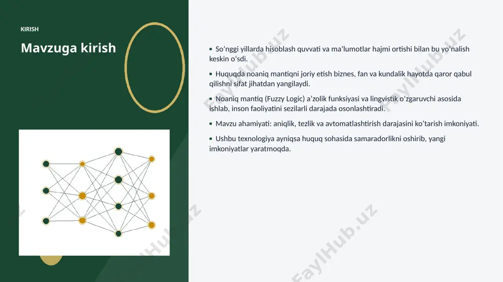 tlarga rioya etish zarur. mahalliy oʻzbekiston konteksti ▪ raqamli oʻzbekiston-2030 strategiyasi ai rivojini qoʻllab-quvvatlaydi. ▪ it-park va texnoparklar startaplar uchun sharoit yaratmoqda. ▪ universitetlarda ai yoʻnalishlari va kadrlar tayyorlanmoqda. ▪ huquq sohalarida pilot loyihalar joriy etilmoqda. ▪ mahalliy til uchun resurslar va modellar ishlab chiqilmoqda. afzallik asosiy afzalliklari 44% samaradorlik oshishi 5x tezroq qaror qabul qilish 47% xarajatlar kamayishi 94% yuqori aniqlik darajasi muammolar va cheklovlar texnik chaqiriqlar ■ sifatli maʼlumot yetishmasligi ■ yuqori hisoblash xarajatlari ■ modellarni izohlash qiyinligi ■ xavfsizlik va barqarorlik tashkiliy chaqiriqlar ■ malakali mutaxassislar tanqisligi ■ integratsiya murakkabligi ■ etik va huquqiy masalalar ■ oʻzgarishlarga moslashish bozor statistika va bozor tendensiyalari ▪ global ai bozori har yili oʻrtacha 23% oʻsmoqda. ▪ kompaniyalarning 55% aini joriy etishni rejalashtirgan. ▪ investitsiyalar hajmi yildan-yilga rekord darajada ortmoqda. ▪ huquq sohada talab tez oʻsib bormoqda. ▪ ai koʻnikmalariga ega kadrlarga ehtiyoj keskin yuqori. kelajak kelajak istiqbollari ▪ multimodal va …