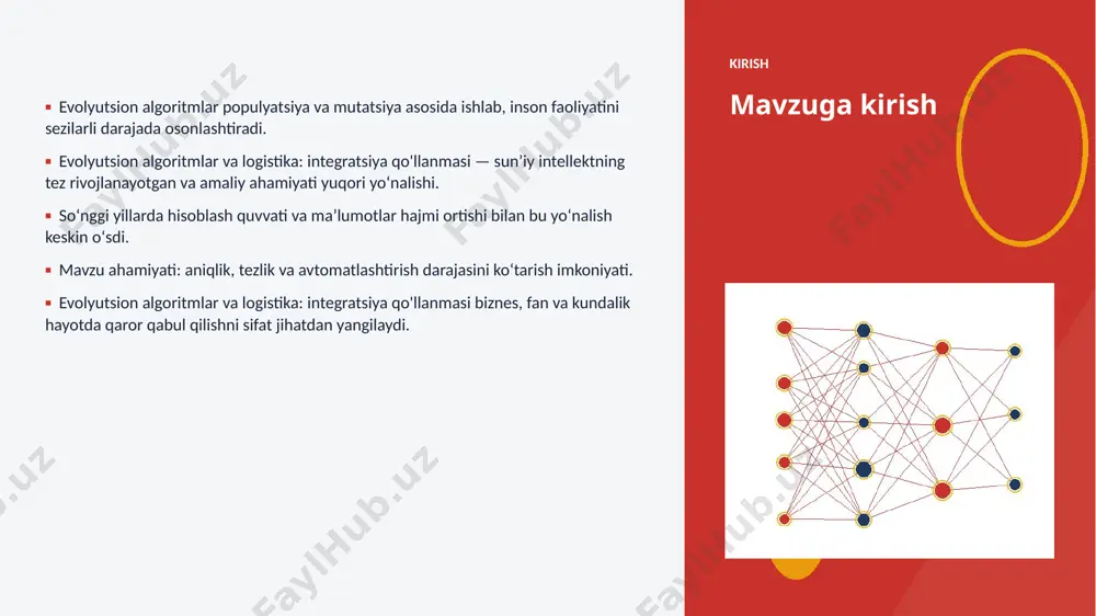 nib qolishi lozim. ▪ tartibga solish va standartlarga rioya etish zarur. misol amaliy misol va natijalar ▪ real loyihalarda evolyutsion algoritmlar jarayon vaqtini 30–60% qisqartirgan. ▪ logistika korxonalari xarajatlarni sezilarli kamaytirgan. ▪ aniqlik koʻrsatkichlari anʼanaviy usullardan ustun keladi. ▪ mijozlar qoniqishi va xizmat sifati oshgan. ▪ investitsiya qaytimi (roi) qisqa muddatda namoyon boʻladi. afzallik asosiy afzalliklari 61% samaradorlik oshishi 5x tezroq qaror qabul qilish 25% xarajatlar kamayishi 97% yuqori aniqlik darajasi muammolar va cheklovlar texnik chaqiriqlar ■ sifatli maʼlumot yetishmasligi ■ yuqori hisoblash xarajatlari ■ modellarni izohlash qiyinligi ■ xavfsizlik va barqarorlik tashkiliy chaqiriqlar ■ malakali mutaxassislar tanqisligi ■ integratsiya murakkabligi ■ etik va huquqiy masalalar ■ oʻzgarishlarga moslashish bozor statistika va bozor tendensiyalari ▪ global ai bozori har yili oʻrtacha 28% oʻsmoqda. ▪ kompaniyalarning 83% aini joriy etishni rejalashtirgan. ▪ investitsiyalar hajmi yildan-yilga rekord darajada ortmoqda. ▪ logistika sohada talab tez oʻsib bormoqda. ▪ ai koʻnikmalariga ega kadrlarga ehtiyoj …