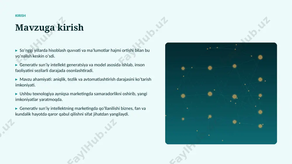 lik tizimlar keng tarqaladi. ▸ modellar samaradorligi va energiya tejamkorligi oshadi. ▸ marketing sohalarda chuqurroq integratsiya kutilmoqda. ▸ shaxsiylashtirilgan va mahalliy yechimlar koʻpayadi. ▸ inson–ai hamkorligi yangi bosqichga oʻtadi. xulosa xulosa va tavsiyalar ▸ generativ sunʼiy intellektning marketingda qoʻllanilishi — bugungi va ertangi kunning hal qiluvchi texnologiyasi. ▸ maʼlumot sifati va etik yondashuv muvaffaqiyat kaliti. ▸ bosqichma-bosqich joriy etish xavfni kamaytiradi. ▸ kadrlar malakasini oshirishga investitsiya zarur. ▸ doimiy monitoring va takomillashtirish talab etiladi. eʼtiboringiz uchun rahmat! generativ sunʼiy intellektning marketingda qoʻllanilishi savollar & muhokama image1.jpg image2.jpg image3.jpg image4.jpg image5.jpg image6.jpg image7.jpg image8.jpg image9.jpg image10.jpg image11.jpg image12.jpg image13.jpg image14.jpg image15.jpg