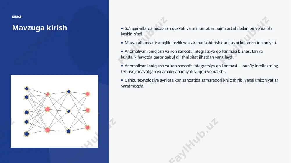 oʻrtacha 24% oʻsmoqda. ▪ kompaniyalarning 70% aini joriy etishni rejalashtirgan. ▪ investitsiyalar hajmi yildan-yilga rekord darajada ortmoqda. ▪ kon sanoati sohada talab tez oʻsib bormoqda. ▪ ai koʻnikmalariga ega kadrlarga ehtiyoj keskin yuqori. kelajak kelajak istiqbollari ▪ multimodal va agentlik tizimlar keng tarqaladi. ▪ modellar samaradorligi va energiya tejamkorligi oshadi. ▪ kon sanoati sohalarda chuqurroq integratsiya kutilmoqda. ▪ shaxsiylashtirilgan va mahalliy yechimlar koʻpayadi. ▪ inson–ai hamkorligi yangi bosqichga oʻtadi. xulosa xulosa va tavsiyalar ▪ anomaliyani aniqlash va kon sanoati: integratsiya qo'llanmasi — bugungi va ertangi kunning hal qiluvchi texnologiyasi. ▪ maʼlumot sifati va etik yondashuv muvaffaqiyat kaliti. ▪ bosqichma-bosqich joriy etish xavfni kamaytiradi. ▪ kadrlar malakasini oshirishga investitsiya zarur. ▪ doimiy monitoring va takomillashtirish talab etiladi. eʼtiboringiz uchun rahmat! anomaliyani aniqlash va kon sanoati: integratsiya qo'llanmasi savollar & muhokama image1.jpg image2.jpg image3.jpg image4.jpg image5.jpg image6.jpg image7.jpg image8.jpg image9.jpg image10.jpg image11.jpg image12.jpg image13.jpg image14.jpg image15.jpg