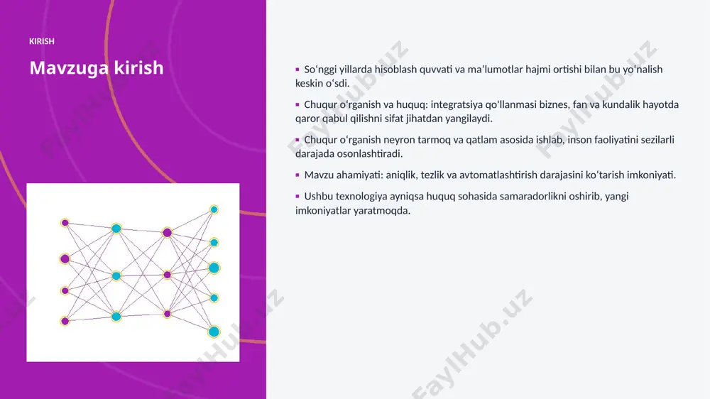 odellar ishlab chiqilmoqda. afzallik asosiy afzalliklari 62% samaradorlik oshishi 4x tezroq qaror qabul qilish 27% xarajatlar kamayishi 97% yuqori aniqlik darajasi muammolar va cheklovlar texnik chaqiriqlar ■ sifatli maʼlumot yetishmasligi ■ yuqori hisoblash xarajatlari ■ modellarni izohlash qiyinligi ■ xavfsizlik va barqarorlik tashkiliy chaqiriqlar ■ malakali mutaxassislar tanqisligi ■ integratsiya murakkabligi ■ etik va huquqiy masalalar ■ oʻzgarishlarga moslashish bozor statistika va bozor tendensiyalari ▪ global ai bozori har yili oʻrtacha 34% oʻsmoqda. ▪ kompaniyalarning 77% aini joriy etishni rejalashtirgan. ▪ investitsiyalar hajmi yildan-yilga rekord darajada ortmoqda. ▪ huquq sohada talab tez oʻsib bormoqda. ▪ ai koʻnikmalariga ega kadrlarga ehtiyoj keskin yuqori. kelajak kelajak istiqbollari ▪ multimodal va agentlik tizimlar keng tarqaladi. ▪ modellar samaradorligi va energiya tejamkorligi oshadi. ▪ huquq sohalarda chuqurroq integratsiya kutilmoqda. ▪ shaxsiylashtirilgan va mahalliy yechimlar koʻpayadi. ▪ inson–ai hamkorligi yangi bosqichga oʻtadi. xulosa xulosa va tavsiyalar ▪ chuqur oʻrganish va huquq: integratsiya qo'llanmasi — bugungi …