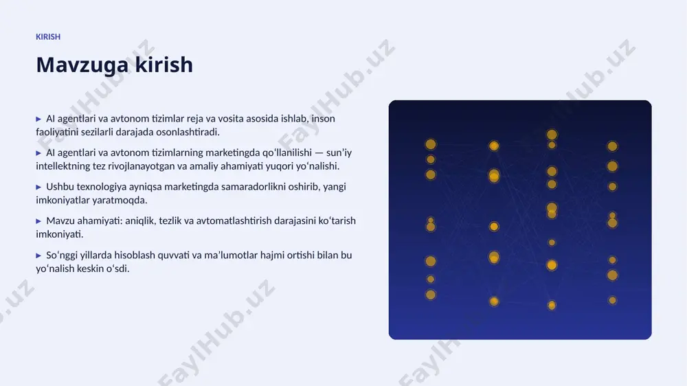 on nazorati muhim qarorlarda saqlanib qolishi lozim. ▸ tartibga solish va standartlarga rioya etish zarur. tahlil swot tahlili kuchli tomonlar • yuqori aniqlik va tezlik • avtomatlashtirish imkoni • masshtablanuvchanlik • doimiy takomillashish imkoniyat va xavflar • yangi bozorlar va xizmatlar • maʼlumot yetishmasligi xavfi • etik va huquqiy masalalar • malakali kadrlarga ehtiyoj afzallik asosiy afzalliklari 44% samaradorlik oshishi 5x tezroq qaror qabul qilish 29% xarajatlar kamayishi 92% yuqori aniqlik darajasi muammo muammolar va cheklovlar texnik chaqiriqlar • sifatli maʼlumot yetishmasligi • yuqori hisoblash xarajatlari • modellarni izohlash qiyinligi • xavfsizlik va barqarorlik tashkiliy chaqiriqlar • malakali mutaxassislar tanqisligi • integratsiya murakkabligi • etik va huquqiy masalalar • oʻzgarishlarga moslashish bozor statistika va bozor tendensiyalari ▸ global ai bozori har yili oʻrtacha 19% oʻsmoqda. ▸ kompaniyalarning 83% aini joriy etishni rejalashtirgan. ▸ investitsiyalar hajmi yildan-yilga rekord darajada ortmoqda. ▸ marketing sohada talab tez oʻsib bormoqda. ▸ ai koʻnikmalariga ega …