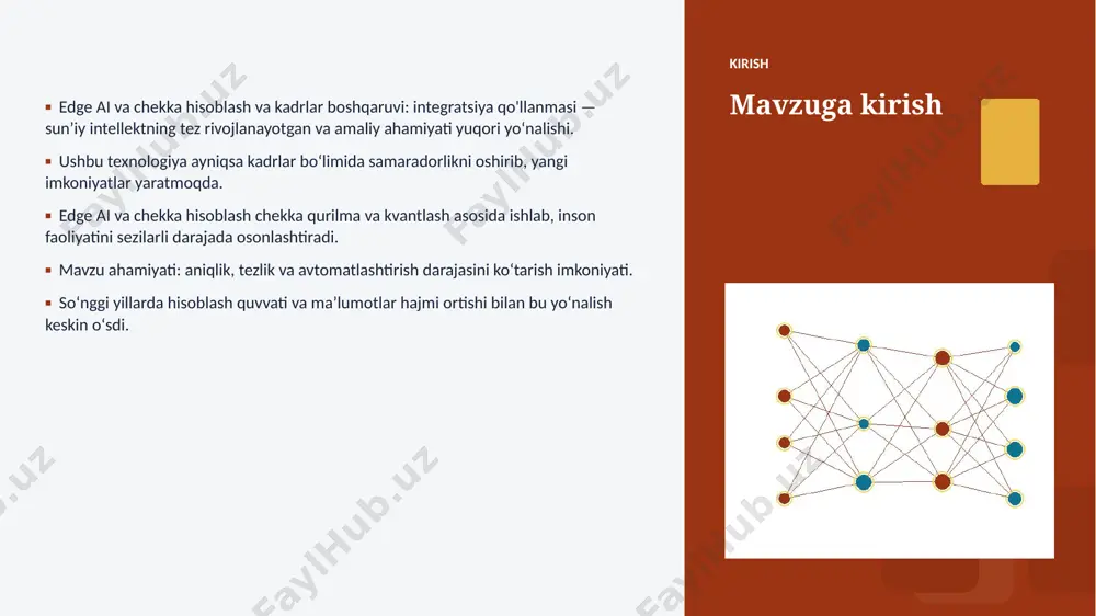 jamkorligi oshadi. ▪ kadrlar boshqaruvi sohalarda chuqurroq integratsiya kutilmoqda. ▪ shaxsiylashtirilgan va mahalliy yechimlar koʻpayadi. ▪ inson–ai hamkorligi yangi bosqichga oʻtadi. xulosa xulosa va tavsiyalar ▪ edge ai va chekka hisoblash va kadrlar boshqaruvi: integratsiya qo'llanmasi — bugungi va ertangi kunning hal qiluvchi texnologiyasi. ▪ maʼlumot sifati va etik yondashuv muvaffaqiyat kaliti. ▪ bosqichma-bosqich joriy etish xavfni kamaytiradi. ▪ kadrlar malakasini oshirishga investitsiya zarur. ▪ doimiy monitoring va takomillashtirish talab etiladi. eʼtiboringiz uchun rahmat! edge ai va chekka hisoblash va kadrlar boshqaruvi: integratsiya qo'llanmasi savollar & muhokama image1.jpg image2.jpg image3.jpg image4.jpg image5.jpg image6.jpg image7.jpg image8.jpg image9.jpg image10.jpg image11.jpg image12.jpg image13.jpg image14.jpg image15.jpg image16.jpg image17.jpg image18.jpg image19.jpg image20.jpg image21.jpg image22.jpg image23.jpg