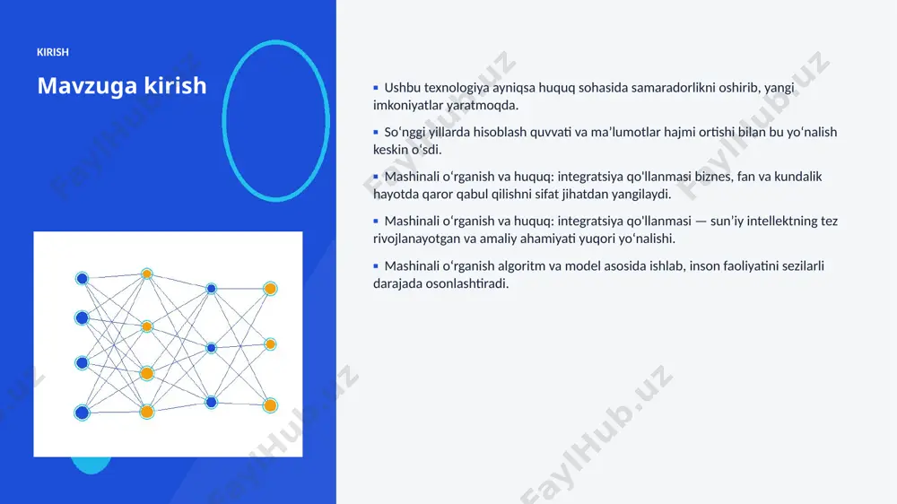 tik va huquqiy masalalar ■ malakali kadrlarga ehtiyoj afzallik asosiy afzalliklari 61% samaradorlik oshishi 6x tezroq qaror qabul qilish 50% xarajatlar kamayishi 92% yuqori aniqlik darajasi muammolar va cheklovlar texnik chaqiriqlar ■ sifatli maʼlumot yetishmasligi ■ yuqori hisoblash xarajatlari ■ modellarni izohlash qiyinligi ■ xavfsizlik va barqarorlik tashkiliy chaqiriqlar ■ malakali mutaxassislar tanqisligi ■ integratsiya murakkabligi ■ etik va huquqiy masalalar ■ oʻzgarishlarga moslashish bozor statistika va bozor tendensiyalari ▪ global ai bozori har yili oʻrtacha 28% oʻsmoqda. ▪ kompaniyalarning 73% aini joriy etishni rejalashtirgan. ▪ investitsiyalar hajmi yildan-yilga rekord darajada ortmoqda. ▪ huquq sohada talab tez oʻsib bormoqda. ▪ ai koʻnikmalariga ega kadrlarga ehtiyoj keskin yuqori. kelajak kelajak istiqbollari ▪ multimodal va agentlik tizimlar keng tarqaladi. ▪ modellar samaradorligi va energiya tejamkorligi oshadi. ▪ huquq sohalarda chuqurroq integratsiya kutilmoqda. ▪ shaxsiylashtirilgan va mahalliy yechimlar koʻpayadi. ▪ inson–ai hamkorligi yangi bosqichga oʻtadi. xulosa xulosa va tavsiyalar ▪ mashinali oʻrganish va …
