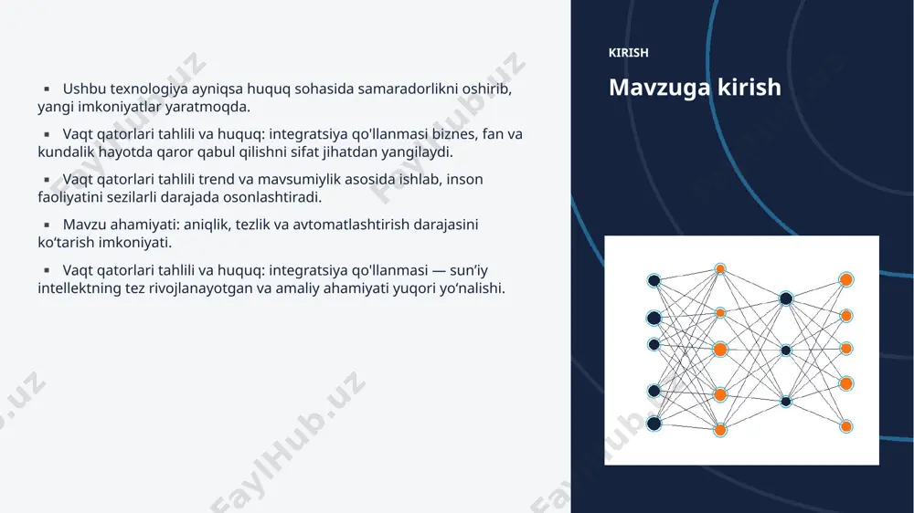 istika va bozor tendensiyalari ▪ global ai bozori har yili oʻrtacha 35% oʻsmoqda. ▪ kompaniyalarning 80% aini joriy etishni rejalashtirgan. ▪ investitsiyalar hajmi yildan-yilga rekord darajada ortmoqda. ▪ huquq sohada talab tez oʻsib bormoqda. ▪ ai koʻnikmalariga ega kadrlarga ehtiyoj keskin yuqori. kelajak kelajak istiqbollari ▪ multimodal va agentlik tizimlar keng tarqaladi. ▪ modellar samaradorligi va energiya tejamkorligi oshadi. ▪ huquq sohalarda chuqurroq integratsiya kutilmoqda. ▪ shaxsiylashtirilgan va mahalliy yechimlar koʻpayadi. ▪ inson–ai hamkorligi yangi bosqichga oʻtadi. xulosa xulosa va tavsiyalar ▪ vaqt qatorlari tahlili va huquq: integratsiya qo'llanmasi — bugungi va ertangi kunning hal qiluvchi texnologiyasi. ▪ maʼlumot sifati va etik yondashuv muvaffaqiyat kaliti. ▪ bosqichma-bosqich joriy etish xavfni kamaytiradi. ▪ kadrlar malakasini oshirishga investitsiya zarur. ▪ doimiy monitoring va takomillashtirish talab etiladi. eʼtiboringiz uchun rahmat! vaqt qatorlari tahlili va huquq: integratsiya qo'llanmasi savollar & muhokama image1.jpg image2.jpg image3.jpg image4.jpg image5.jpg image6.jpg image7.jpg image8.jpg image9.jpg image10.jpg image11.jpg image12.jpg image13.jpg …