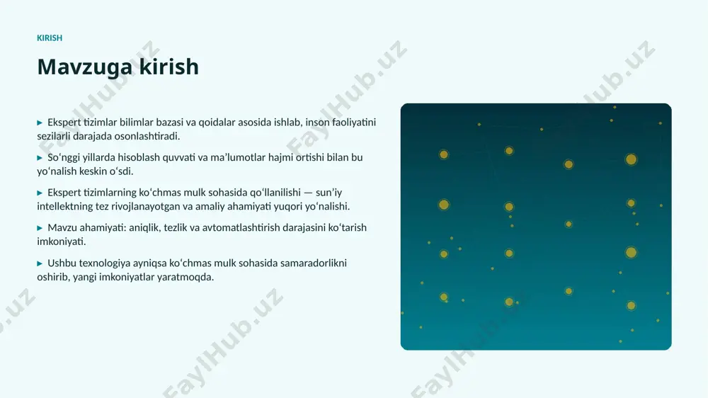 i. ▸ koʻchmas mulk sohalarda chuqurroq integratsiya kutilmoqda. ▸ shaxsiylashtirilgan va mahalliy yechimlar koʻpayadi. ▸ inson–ai hamkorligi yangi bosqichga oʻtadi. xulosa xulosa va tavsiyalar ▸ ekspert tizimlarning koʻchmas mulk sohasida qoʻllanilishi — bugungi va ertangi kunning hal qiluvchi texnologiyasi. ▸ maʼlumot sifati va etik yondashuv muvaffaqiyat kaliti. ▸ bosqichma-bosqich joriy etish xavfni kamaytiradi. ▸ kadrlar malakasini oshirishga investitsiya zarur. ▸ doimiy monitoring va takomillashtirish talab etiladi. eʼtiboringiz uchun rahmat! ekspert tizimlarning koʻchmas mulk sohasida qoʻllanilishi savollar & muhokama image1.jpg image2.jpg image3.jpg image4.jpg image5.jpg image6.jpg image7.jpg image8.jpg image9.jpg image10.jpg image11.jpg image12.jpg image13.jpg image14.jpg