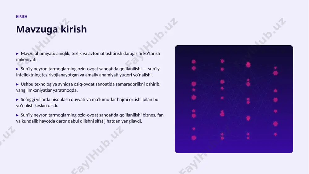 oshadi. ▸ oziq-ovqat sanoati sohalarda chuqurroq integratsiya kutilmoqda. ▸ shaxsiylashtirilgan va mahalliy yechimlar koʻpayadi. ▸ inson–ai hamkorligi yangi bosqichga oʻtadi. xulosa xulosa va tavsiyalar ▸ sunʼiy neyron tarmoqlarning oziq-ovqat sanoatida qoʻllanilishi — bugungi va ertangi kunning hal qiluvchi texnologiyasi. ▸ maʼlumot sifati va etik yondashuv muvaffaqiyat kaliti. ▸ bosqichma-bosqich joriy etish xavfni kamaytiradi. ▸ kadrlar malakasini oshirishga investitsiya zarur. ▸ doimiy monitoring va takomillashtirish talab etiladi. eʼtiboringiz uchun rahmat! sunʼiy neyron tarmoqlarning oziq-ovqat sanoatida qoʻllanilishi savollar & muhokama image1.jpg image2.jpg image3.jpg image4.jpg image5.jpg image6.jpg image7.jpg image8.jpg image9.jpg image10.jpg image11.jpg image12.jpg image13.jpg image14.jpg image15.jpg