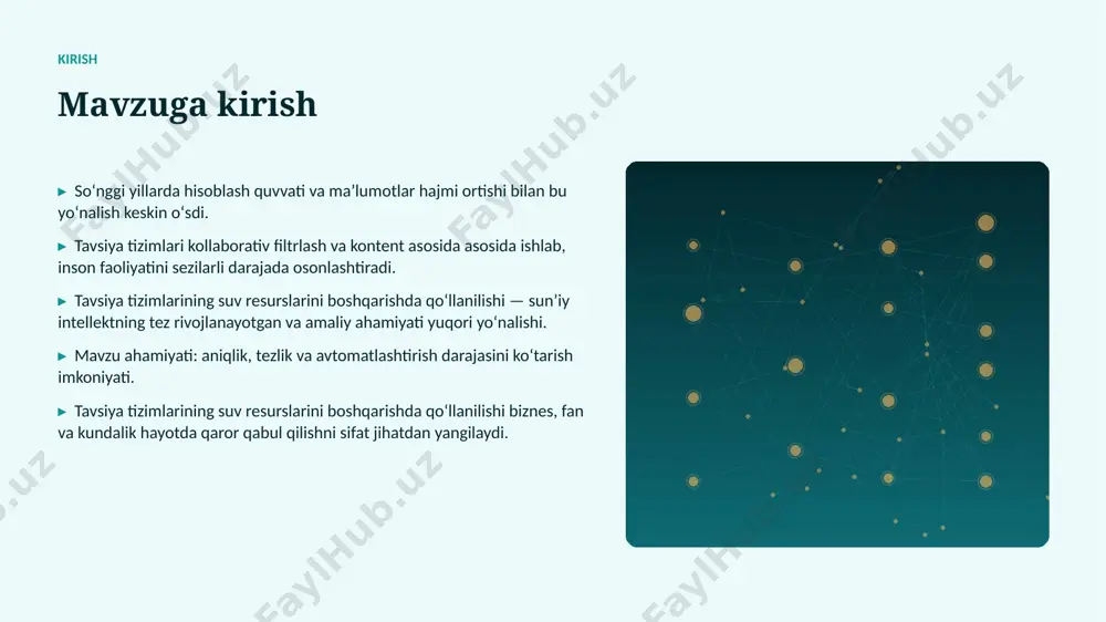 aniqlik darajasi muammo muammolar va cheklovlar texnik chaqiriqlar • sifatli maʼlumot yetishmasligi • yuqori hisoblash xarajatlari • modellarni izohlash qiyinligi • xavfsizlik va barqarorlik tashkiliy chaqiriqlar • malakali mutaxassislar tanqisligi • integratsiya murakkabligi • etik va huquqiy masalalar • oʻzgarishlarga moslashish bozor statistika va bozor tendensiyalari ▸ global ai bozori har yili oʻrtacha 28% oʻsmoqda. ▸ kompaniyalarning 62% aini joriy etishni rejalashtirgan. ▸ investitsiyalar hajmi yildan-yilga rekord darajada ortmoqda. ▸ suv resurslari sohada talab tez oʻsib bormoqda. ▸ ai koʻnikmalariga ega kadrlarga ehtiyoj keskin yuqori. kelajak kelajak istiqbollari ▸ multimodal va agentlik tizimlar keng tarqaladi. ▸ modellar samaradorligi va energiya tejamkorligi oshadi. ▸ suv resurslari sohalarda chuqurroq integratsiya kutilmoqda. ▸ shaxsiylashtirilgan va mahalliy yechimlar koʻpayadi. ▸ inson–ai hamkorligi yangi bosqichga oʻtadi. xulosa xulosa va tavsiyalar ▸ tavsiya tizimlarining suv resurslarini boshqarishda qoʻllanilishi — bugungi va ertangi kunning hal qiluvchi texnologiyasi. ▸ maʼlumot sifati va etik yondashuv muvaffaqiyat kaliti. ▸ bosqichma-bosqich …
