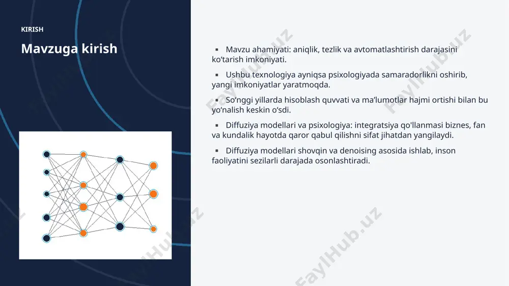 ▪ investitsiyalar hajmi yildan-yilga rekord darajada ortmoqda. ▪ psixologiya sohada talab tez oʻsib bormoqda. ▪ ai koʻnikmalariga ega kadrlarga ehtiyoj keskin yuqori. kelajak kelajak istiqbollari ▪ multimodal va agentlik tizimlar keng tarqaladi. ▪ modellar samaradorligi va energiya tejamkorligi oshadi. ▪ psixologiya sohalarda chuqurroq integratsiya kutilmoqda. ▪ shaxsiylashtirilgan va mahalliy yechimlar koʻpayadi. ▪ inson–ai hamkorligi yangi bosqichga oʻtadi. xulosa xulosa va tavsiyalar ▪ diffuziya modellari va psixologiya: integratsiya qo'llanmasi — bugungi va ertangi kunning hal qiluvchi texnologiyasi. ▪ maʼlumot sifati va etik yondashuv muvaffaqiyat kaliti. ▪ bosqichma-bosqich joriy etish xavfni kamaytiradi. ▪ kadrlar malakasini oshirishga investitsiya zarur. ▪ doimiy monitoring va takomillashtirish talab etiladi. eʼtiboringiz uchun rahmat! diffuziya modellari va psixologiya: integratsiya qo'llanmasi savollar & muhokama image1.jpg image2.jpg image3.jpg image4.jpg image5.jpg image6.jpg image7.jpg image8.jpg image9.jpg image10.jpg image11.jpg image12.jpg image13.jpg