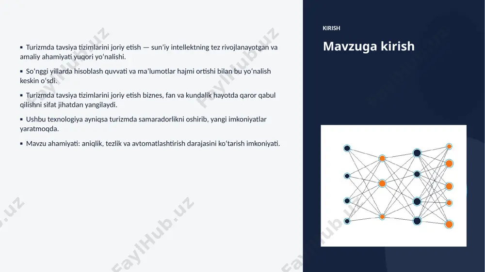 payadi. ▪ inson–ai hamkorligi yangi bosqichga oʻtadi. xulosa xulosa va tavsiyalar ▪ turizmda tavsiya tizimlarini joriy etish — bugungi va ertangi kunning hal qiluvchi texnologiyasi. ▪ maʼlumot sifati va etik yondashuv muvaffaqiyat kaliti. ▪ bosqichma-bosqich joriy etish xavfni kamaytiradi. ▪ kadrlar malakasini oshirishga investitsiya zarur. ▪ doimiy monitoring va takomillashtirish talab etiladi. eʼtiboringiz uchun rahmat! turizmda tavsiya tizimlarini joriy etish savollar & muhokama image1.jpg image2.jpg image3.jpg image4.jpg image5.jpg image6.jpg image7.jpg image8.jpg image9.jpg image10.jpg image11.jpg image12.jpg image13.jpg