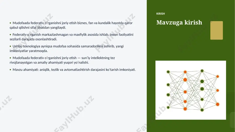 e — ochiq modellar ekotizimi. misol amaliy misol va natijalar ▪ real loyihalarda federativ oʻrganish jarayon vaqtini 30–60% qisqartirgan. ▪ mudofaa korxonalari xarajatlarni sezilarli kamaytirgan. ▪ aniqlik koʻrsatkichlari anʼanaviy usullardan ustun keladi. ▪ mijozlar qoniqishi va xizmat sifati oshgan. ▪ investitsiya qaytimi (roi) qisqa muddatda namoyon boʻladi. afzallik asosiy afzalliklari 38% samaradorlik oshishi 4x tezroq qaror qabul qilish 27% xarajatlar kamayishi 98% yuqori aniqlik darajasi muammolar va cheklovlar texnik chaqiriqlar ■ sifatli maʼlumot yetishmasligi ■ yuqori hisoblash xarajatlari ■ modellarni izohlash qiyinligi ■ xavfsizlik va barqarorlik tashkiliy chaqiriqlar ■ malakali mutaxassislar tanqisligi ■ integratsiya murakkabligi ■ etik va huquqiy masalalar ■ oʻzgarishlarga moslashish bozor statistika va bozor tendensiyalari ▪ global ai bozori har yili oʻrtacha 19% oʻsmoqda. ▪ kompaniyalarning 82% aini joriy etishni rejalashtirgan. ▪ investitsiyalar hajmi yildan-yilga rekord darajada ortmoqda. ▪ mudofaa sohada talab tez oʻsib bormoqda. ▪ ai koʻnikmalariga ega kadrlarga ehtiyoj keskin yuqori. kelajak kelajak istiqbollari ▪ …