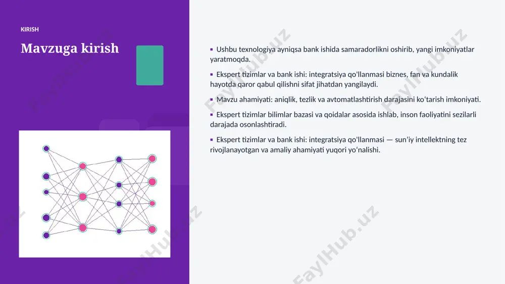 eng tarqaladi. ▪ modellar samaradorligi va energiya tejamkorligi oshadi. ▪ bank ishi sohalarda chuqurroq integratsiya kutilmoqda. ▪ shaxsiylashtirilgan va mahalliy yechimlar koʻpayadi. ▪ inson–ai hamkorligi yangi bosqichga oʻtadi. xulosa xulosa va tavsiyalar ▪ ekspert tizimlar va bank ishi: integratsiya qo'llanmasi — bugungi va ertangi kunning hal qiluvchi texnologiyasi. ▪ maʼlumot sifati va etik yondashuv muvaffaqiyat kaliti. ▪ bosqichma-bosqich joriy etish xavfni kamaytiradi. ▪ kadrlar malakasini oshirishga investitsiya zarur. ▪ doimiy monitoring va takomillashtirish talab etiladi. eʼtiboringiz uchun rahmat! ekspert tizimlar va bank ishi: integratsiya qo'llanmasi savollar & muhokama image1.jpg image2.jpg image3.jpg image4.jpg image5.jpg image6.jpg image7.jpg image8.jpg image9.jpg image10.jpg image11.jpg image12.jpg image13.jpg image14.jpg image15.jpg image16.jpg image17.jpg image18.jpg image19.jpg image20.jpg image21.jpg image22.jpg image23.jpg image24.jpg image25.jpg