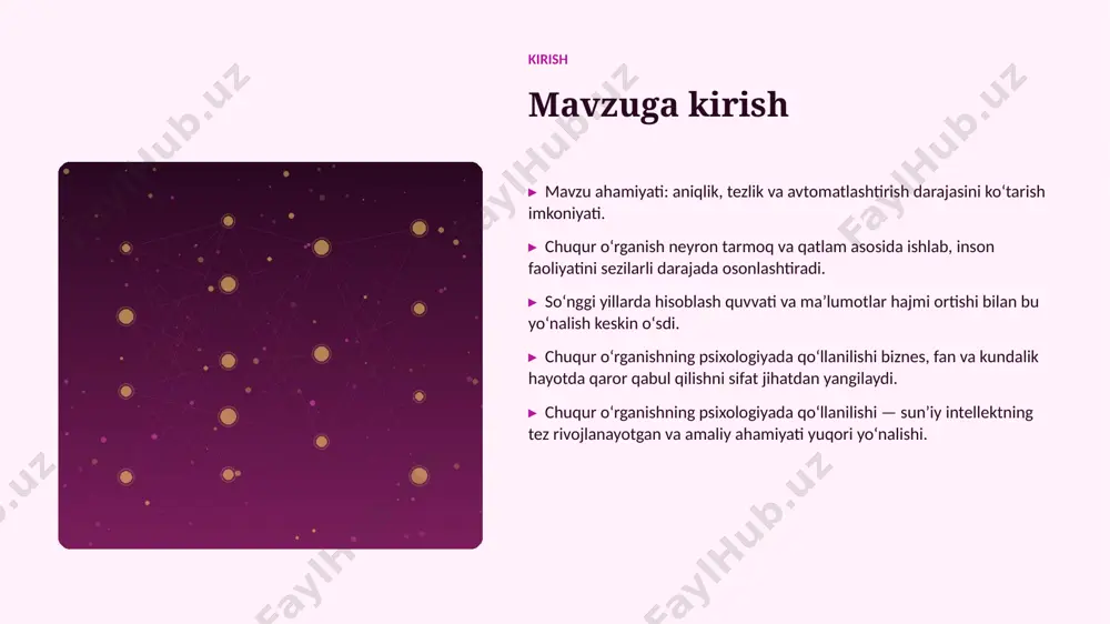 ▸ global ai bozori har yili oʻrtacha 18% oʻsmoqda. ▸ kompaniyalarning 60% aini joriy etishni rejalashtirgan. ▸ investitsiyalar hajmi yildan-yilga rekord darajada ortmoqda. ▸ psixologiya sohada talab tez oʻsib bormoqda. ▸ ai koʻnikmalariga ega kadrlarga ehtiyoj keskin yuqori. kelajak kelajak istiqbollari ▸ multimodal va agentlik tizimlar keng tarqaladi. ▸ modellar samaradorligi va energiya tejamkorligi oshadi. ▸ psixologiya sohalarda chuqurroq integratsiya kutilmoqda. ▸ shaxsiylashtirilgan va mahalliy yechimlar koʻpayadi. ▸ inson–ai hamkorligi yangi bosqichga oʻtadi. xulosa xulosa va tavsiyalar ▸ chuqur oʻrganishning psixologiyada qoʻllanilishi — bugungi va ertangi kunning hal qiluvchi texnologiyasi. ▸ maʼlumot sifati va etik yondashuv muvaffaqiyat kaliti. ▸ bosqichma-bosqich joriy etish xavfni kamaytiradi. ▸ kadrlar malakasini oshirishga investitsiya zarur. ▸ doimiy monitoring va takomillashtirish talab etiladi. eʼtiboringiz uchun rahmat! chuqur oʻrganishning psixologiyada qoʻllanilishi savollar & muhokama image1.jpg image2.jpg image3.jpg image4.jpg image5.jpg image6.jpg image7.jpg image8.jpg image9.jpg image10.jpg image11.jpg image12.jpg image13.jpg image14.jpg image15.jpg image16.jpg