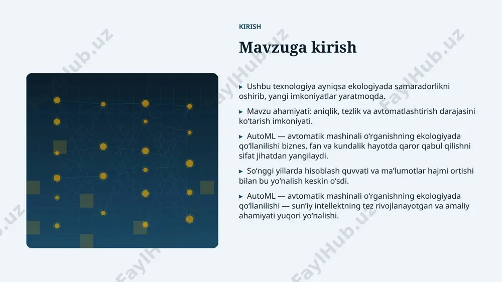 al ai bozori har yili oʻrtacha 38% oʻsmoqda. ▸ kompaniyalarning 84% aini joriy etishni rejalashtirgan. ▸ investitsiyalar hajmi yildan-yilga rekord darajada ortmoqda. ▸ ekologiya sohada talab tez oʻsib bormoqda. ▸ ai koʻnikmalariga ega kadrlarga ehtiyoj keskin yuqori. kelajak kelajak istiqbollari ▸ multimodal va agentlik tizimlar keng tarqaladi. ▸ modellar samaradorligi va energiya tejamkorligi oshadi. ▸ ekologiya sohalarda chuqurroq integratsiya kutilmoqda. ▸ shaxsiylashtirilgan va mahalliy yechimlar koʻpayadi. ▸ inson–ai hamkorligi yangi bosqichga oʻtadi. xulosa xulosa va tavsiyalar ▸ automl — avtomatik mashinali oʻrganishning ekologiyada qoʻllanilishi — bugungi va ertangi kunning hal qiluvchi texnologiyasi. ▸ maʼlumot sifati va etik yondashuv muvaffaqiyat kaliti. ▸ bosqichma-bosqich joriy etish xavfni kamaytiradi. ▸ kadrlar malakasini oshirishga investitsiya zarur. ▸ doimiy monitoring va takomillashtirish talab etiladi. eʼtiboringiz uchun rahmat! automl — avtomatik mashinali oʻrganishning ekologiyada qoʻllanilishi savollar & muhokama image1.jpg image2.jpg image3.jpg image4.jpg image5.jpg image6.jpg image7.jpg image8.jpg image9.jpg image10.jpg image11.jpg image12.jpg image13.jpg image14.jpg image15.jpg image16.jpg