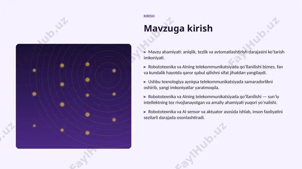 qarorlarda saqlanib qolishi lozim. ▸ tartibga solish va standartlarga rioya etish zarur. afzallik asosiy afzalliklari 59% samaradorlik oshishi 2x tezroq qaror qabul qilish 43% xarajatlar kamayishi 96% yuqori aniqlik darajasi muammo muammolar va cheklovlar texnik chaqiriqlar • sifatli maʼlumot yetishmasligi • yuqori hisoblash xarajatlari • modellarni izohlash qiyinligi • xavfsizlik va barqarorlik tashkiliy chaqiriqlar • malakali mutaxassislar tanqisligi • integratsiya murakkabligi • etik va huquqiy masalalar • oʻzgarishlarga moslashish bozor statistika va bozor tendensiyalari ▸ global ai bozori har yili oʻrtacha 20% oʻsmoqda. ▸ kompaniyalarning 78% aini joriy etishni rejalashtirgan. ▸ investitsiyalar hajmi yildan-yilga rekord darajada ortmoqda. ▸ telekommunikatsiya sohada talab tez oʻsib bormoqda. ▸ ai koʻnikmalariga ega kadrlarga ehtiyoj keskin yuqori. kelajak kelajak istiqbollari ▸ multimodal va agentlik tizimlar keng tarqaladi. ▸ modellar samaradorligi va energiya tejamkorligi oshadi. ▸ telekommunikatsiya sohalarda chuqurroq integratsiya kutilmoqda. ▸ shaxsiylashtirilgan va mahalliy yechimlar koʻpayadi. ▸ inson–ai hamkorligi yangi bosqichga oʻtadi. xulosa xulosa va …