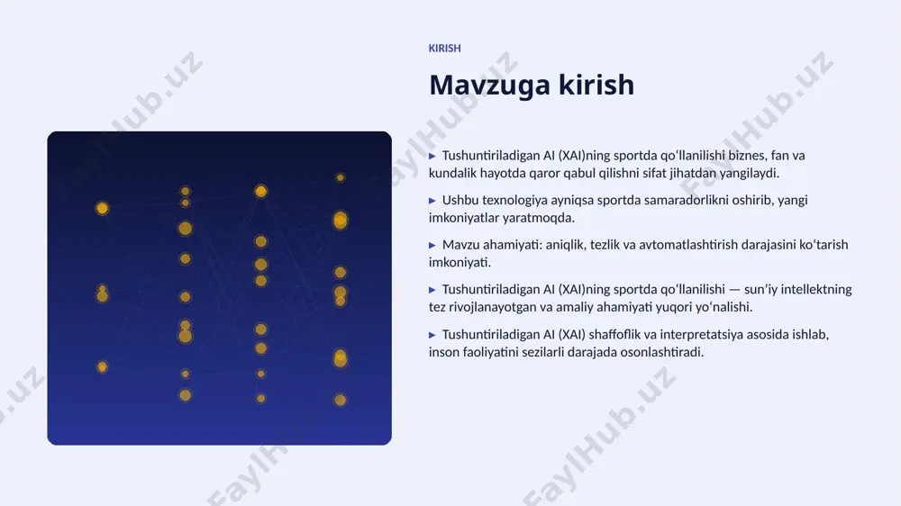 artibga solish va standartlarga rioya etish zarur. afzallik asosiy afzalliklari 47% samaradorlik oshishi 4x tezroq qaror qabul qilish 46% xarajatlar kamayishi 99% yuqori aniqlik darajasi muammo muammolar va cheklovlar texnik chaqiriqlar • sifatli maʼlumot yetishmasligi • yuqori hisoblash xarajatlari • modellarni izohlash qiyinligi • xavfsizlik va barqarorlik tashkiliy chaqiriqlar • malakali mutaxassislar tanqisligi • integratsiya murakkabligi • etik va huquqiy masalalar • oʻzgarishlarga moslashish bozor statistika va bozor tendensiyalari ▸ global ai bozori har yili oʻrtacha 36% oʻsmoqda. ▸ kompaniyalarning 71% aini joriy etishni rejalashtirgan. ▸ investitsiyalar hajmi yildan-yilga rekord darajada ortmoqda. ▸ sport sohada talab tez oʻsib bormoqda. ▸ ai koʻnikmalariga ega kadrlarga ehtiyoj keskin yuqori. kelajak kelajak istiqbollari ▸ multimodal va agentlik tizimlar keng tarqaladi. ▸ modellar samaradorligi va energiya tejamkorligi oshadi. ▸ sport sohalarda chuqurroq integratsiya kutilmoqda. ▸ shaxsiylashtirilgan va mahalliy yechimlar koʻpayadi. ▸ inson–ai hamkorligi yangi bosqichga oʻtadi. xulosa xulosa va tavsiyalar ▸ tushuntiriladigan ai (xai)ning …