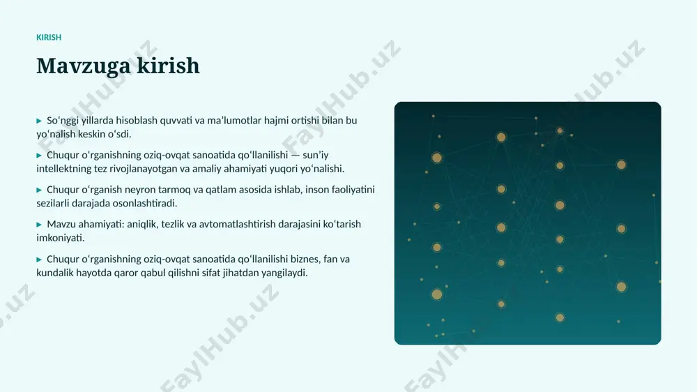 uqori hisoblash xarajatlari • modellarni izohlash qiyinligi • xavfsizlik va barqarorlik tashkiliy chaqiriqlar • malakali mutaxassislar tanqisligi • integratsiya murakkabligi • etik va huquqiy masalalar • oʻzgarishlarga moslashish bozor statistika va bozor tendensiyalari ▸ global ai bozori har yili oʻrtacha 31% oʻsmoqda. ▸ kompaniyalarning 60% aini joriy etishni rejalashtirgan. ▸ investitsiyalar hajmi yildan-yilga rekord darajada ortmoqda. ▸ oziq-ovqat sanoati sohada talab tez oʻsib bormoqda. ▸ ai koʻnikmalariga ega kadrlarga ehtiyoj keskin yuqori. kelajak kelajak istiqbollari ▸ multimodal va agentlik tizimlar keng tarqaladi. ▸ modellar samaradorligi va energiya tejamkorligi oshadi. ▸ oziq-ovqat sanoati sohalarda chuqurroq integratsiya kutilmoqda. ▸ shaxsiylashtirilgan va mahalliy yechimlar koʻpayadi. ▸ inson–ai hamkorligi yangi bosqichga oʻtadi. xulosa xulosa va tavsiyalar ▸ chuqur oʻrganishning oziq-ovqat sanoatida qoʻllanilishi — bugungi va ertangi kunning hal qiluvchi texnologiyasi. ▸ maʼlumot sifati va etik yondashuv muvaffaqiyat kaliti. ▸ bosqichma-bosqich joriy etish xavfni kamaytiradi. ▸ kadrlar malakasini oshirishga investitsiya zarur. ▸ doimiy monitoring va …