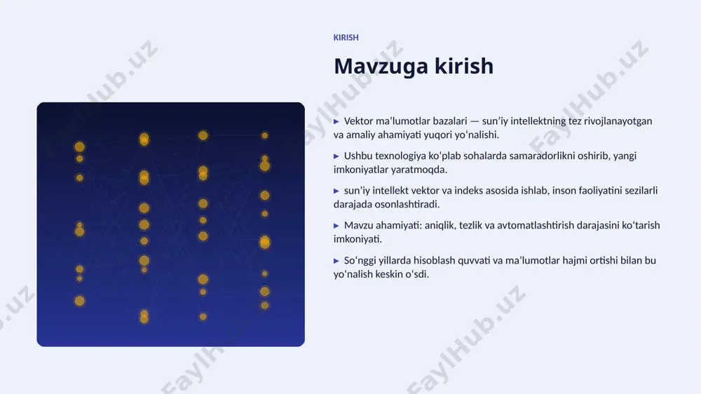 ekotizimi. tahlil swot tahlili kuchli tomonlar • yuqori aniqlik va tezlik • avtomatlashtirish imkoni • masshtablanuvchanlik • doimiy takomillashish imkoniyat va xavflar • yangi bozorlar va xizmatlar • maʼlumot yetishmasligi xavfi • etik va huquqiy masalalar • malakali kadrlarga ehtiyoj afzallik asosiy afzalliklari 70% samaradorlik oshishi 2x tezroq qaror qabul qilish 28% xarajatlar kamayishi 98% yuqori aniqlik darajasi muammo muammolar va cheklovlar texnik chaqiriqlar • sifatli maʼlumot yetishmasligi • yuqori hisoblash xarajatlari • modellarni izohlash qiyinligi • xavfsizlik va barqarorlik tashkiliy chaqiriqlar • malakali mutaxassislar tanqisligi • integratsiya murakkabligi • etik va huquqiy masalalar • oʻzgarishlarga moslashish bozor statistika va bozor tendensiyalari ▸ global ai bozori har yili oʻrtacha 38% oʻsmoqda. ▸ kompaniyalarning 79% aini joriy etishni rejalashtirgan. ▸ investitsiyalar hajmi yildan-yilga rekord darajada ortmoqda. ▸ koʻplab sohada talab tez oʻsib bormoqda. ▸ ai koʻnikmalariga ega kadrlarga ehtiyoj keskin yuqori. kelajak kelajak istiqbollari ▸ multimodal va agentlik tizimlar keng tarqaladi. …