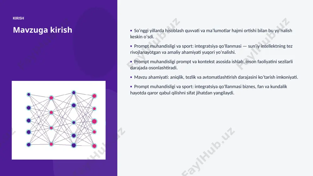 misol amaliy misol va natijalar ▪ real loyihalarda prompt muhandisligi jarayon vaqtini 30–60% qisqartirgan. ▪ sport korxonalari xarajatlarni sezilarli kamaytirgan. ▪ aniqlik koʻrsatkichlari anʼanaviy usullardan ustun keladi. ▪ mijozlar qoniqishi va xizmat sifati oshgan. ▪ investitsiya qaytimi (roi) qisqa muddatda namoyon boʻladi. afzallik asosiy afzalliklari 68% samaradorlik oshishi 2x tezroq qaror qabul qilish 43% xarajatlar kamayishi 97% yuqori aniqlik darajasi muammolar va cheklovlar texnik chaqiriqlar ■ sifatli maʼlumot yetishmasligi ■ yuqori hisoblash xarajatlari ■ modellarni izohlash qiyinligi ■ xavfsizlik va barqarorlik tashkiliy chaqiriqlar ■ malakali mutaxassislar tanqisligi ■ integratsiya murakkabligi ■ etik va huquqiy masalalar ■ oʻzgarishlarga moslashish bozor statistika va bozor tendensiyalari ▪ global ai bozori har yili oʻrtacha 38% oʻsmoqda. ▪ kompaniyalarning 62% aini joriy etishni rejalashtirgan. ▪ investitsiyalar hajmi yildan-yilga rekord darajada ortmoqda. ▪ sport sohada talab tez oʻsib bormoqda. ▪ ai koʻnikmalariga ega kadrlarga ehtiyoj keskin yuqori. kelajak kelajak istiqbollari ▪ multimodal va agentlik tizimlar keng …