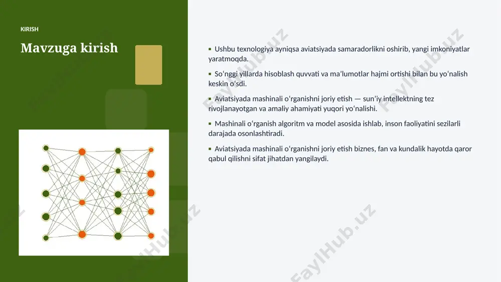 ligi va energiya tejamkorligi oshadi. ▪ aviatsiya sohalarda chuqurroq integratsiya kutilmoqda. ▪ shaxsiylashtirilgan va mahalliy yechimlar koʻpayadi. ▪ inson–ai hamkorligi yangi bosqichga oʻtadi. xulosa xulosa va tavsiyalar ▪ aviatsiyada mashinali oʻrganishni joriy etish — bugungi va ertangi kunning hal qiluvchi texnologiyasi. ▪ maʼlumot sifati va etik yondashuv muvaffaqiyat kaliti. ▪ bosqichma-bosqich joriy etish xavfni kamaytiradi. ▪ kadrlar malakasini oshirishga investitsiya zarur. ▪ doimiy monitoring va takomillashtirish talab etiladi. eʼtiboringiz uchun rahmat! aviatsiyada mashinali oʻrganishni joriy etish savollar & muhokama image1.jpg image2.jpg image3.jpg image4.jpg image5.jpg image6.jpg image7.jpg image8.jpg image9.jpg image10.jpg image11.jpg image12.jpg image13.jpg image14.jpg image15.jpg image16.jpg image17.jpg image18.jpg image19.jpg image20.jpg image21.jpg image22.jpg image23.jpg image24.jpg image25.jpg