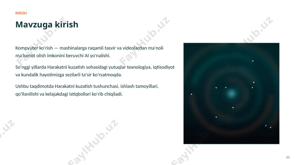 anada ortib boradi ▪ harakatni kuzatish zamonaviy texnologiyalarning muhim tarkibiy qismidir 17 rahmat! e'tiboringiz uchun tashakkur — savollaringizni kutamiz harakatni kuzatish — imkoniyatlar va istiqbollar image1.jpg image2.jpg image3.jpg image4.jpg image5.jpg image6.jpg image7.png image8.png image9.jpg image10.jpg