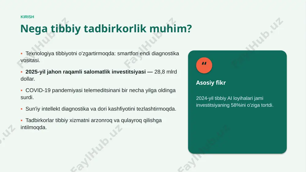 k ✘ tartibga solish (regulyatsiya) murakkabligi ✘ raqamli tengsizlik — hamma ham foydalana olmaydi ✘ sifat va ishonchlilik nazorati zarurati oqibatlar ta'siri va oqibatlari tibbiy tadbirkorlik salomatlikni demokratlashtiradi, lekin javobgarlik va nazoratni talab qiladi. ▪ bemor o'z salomatligini boshqarishda faolroq ishtirokchiga aylanadi. ▪ investitsiya kamroq, lekin yirikroq startaplarga to'planmoqda. ▪ 2025-yil 'mega-bitimlar' (100 mln $+) jami mablag'ning 42%i. ▪ etika, maxfiylik va adolatli kirish — kelajak ustuvorligi. ▪ yosh tadbirkorlar uchun — fan va biznes uyg'unligida ulkan imkoniyat. xulosa xulosa ▪ tibbiy tadbirkorlik — eng tez o'sayotgan innovatsion sohalardan biri. ▪ 2030-yilga raqamli salomatlik bozori ~946 mlrd dollarga yetishi mumkin. ▪ telemeditsina va ai tibbiy xizmatni tubdan o'zgartirmoqda. ▪ muvaffaqiyat kaliti — innovatsiya, etika va bemor manfaatining muvozanati. manbalar foydalanilgan manbalar — rock health — 2025 year-end digital health funding overview — galen growth — digital health funding 2024/2025 — grand view research — telehealth / digital health market report …