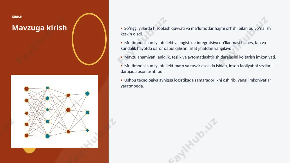 xassislar tanqisligi ■ integratsiya murakkabligi ■ etik va huquqiy masalalar ■ oʻzgarishlarga moslashish bozor statistika va bozor tendensiyalari ▪ global ai bozori har yili oʻrtacha 29% oʻsmoqda. ▪ kompaniyalarning 78% aini joriy etishni rejalashtirgan. ▪ investitsiyalar hajmi yildan-yilga rekord darajada ortmoqda. ▪ logistika sohada talab tez oʻsib bormoqda. ▪ ai koʻnikmalariga ega kadrlarga ehtiyoj keskin yuqori. kelajak kelajak istiqbollari ▪ multimodal va agentlik tizimlar keng tarqaladi. ▪ modellar samaradorligi va energiya tejamkorligi oshadi. ▪ logistika sohalarda chuqurroq integratsiya kutilmoqda. ▪ shaxsiylashtirilgan va mahalliy yechimlar koʻpayadi. ▪ inson–ai hamkorligi yangi bosqichga oʻtadi. xulosa xulosa va tavsiyalar ▪ multimodal sunʼiy intellekt va logistika: integratsiya qo'llanmasi — bugungi va ertangi kunning hal qiluvchi texnologiyasi. ▪ maʼlumot sifati va etik yondashuv muvaffaqiyat kaliti. ▪ bosqichma-bosqich joriy etish xavfni kamaytiradi. ▪ kadrlar malakasini oshirishga investitsiya zarur. ▪ doimiy monitoring va takomillashtirish talab etiladi. eʼtiboringiz uchun rahmat! multimodal sunʼiy intellekt va logistika: integratsiya qo'llanmasi savollar & …