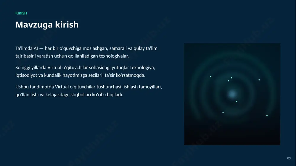 ko'plab tarmoqlarda samara bermoqda ▪ mas'uliyatli va etik yondashuv muvaffaqiyat kalitidir ▪ virtual o'qituvchilar zamonaviy texnologiyalarning muhim tarkibiy qismidir 17 rahmat! e'tiboringiz uchun tashakkur — savollaringizni kutamiz virtual o'qituvchilar: asoslari va qo'llanilishi image1.jpg image2.jpg image3.jpg image4.jpg image5.jpg image6.png image7.png image8.jpg