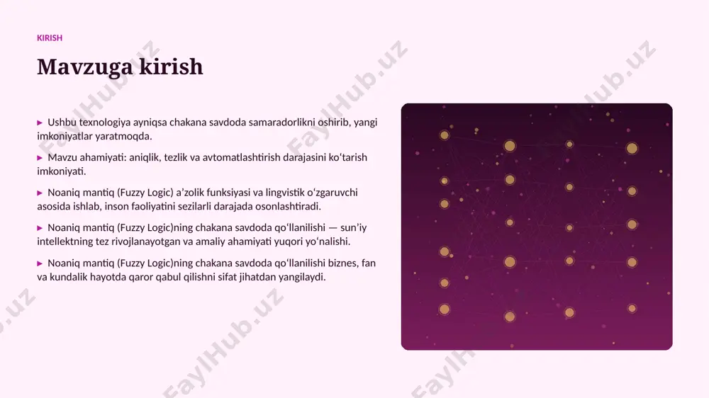 a bozor tendensiyalari ▸ global ai bozori har yili oʻrtacha 26% oʻsmoqda. ▸ kompaniyalarning 82% aini joriy etishni rejalashtirgan. ▸ investitsiyalar hajmi yildan-yilga rekord darajada ortmoqda. ▸ chakana savdo sohada talab tez oʻsib bormoqda. ▸ ai koʻnikmalariga ega kadrlarga ehtiyoj keskin yuqori. kelajak kelajak istiqbollari ▸ multimodal va agentlik tizimlar keng tarqaladi. ▸ modellar samaradorligi va energiya tejamkorligi oshadi. ▸ chakana savdo sohalarda chuqurroq integratsiya kutilmoqda. ▸ shaxsiylashtirilgan va mahalliy yechimlar koʻpayadi. ▸ inson–ai hamkorligi yangi bosqichga oʻtadi. xulosa xulosa va tavsiyalar ▸ noaniq mantiq (fuzzy logic)ning chakana savdoda qoʻllanilishi — bugungi va ertangi kunning hal qiluvchi texnologiyasi. ▸ maʼlumot sifati va etik yondashuv muvaffaqiyat kaliti. ▸ bosqichma-bosqich joriy etish xavfni kamaytiradi. ▸ kadrlar malakasini oshirishga investitsiya zarur. ▸ doimiy monitoring va takomillashtirish talab etiladi. eʼtiboringiz uchun rahmat! noaniq mantiq (fuzzy logic)ning chakana savdoda qoʻllanilishi savollar & muhokama image1.jpg image2.jpg image3.jpg image4.jpg image5.jpg image6.jpg image7.jpg image8.jpg image9.jpg image10.jpg image11.jpg image12.jpg …