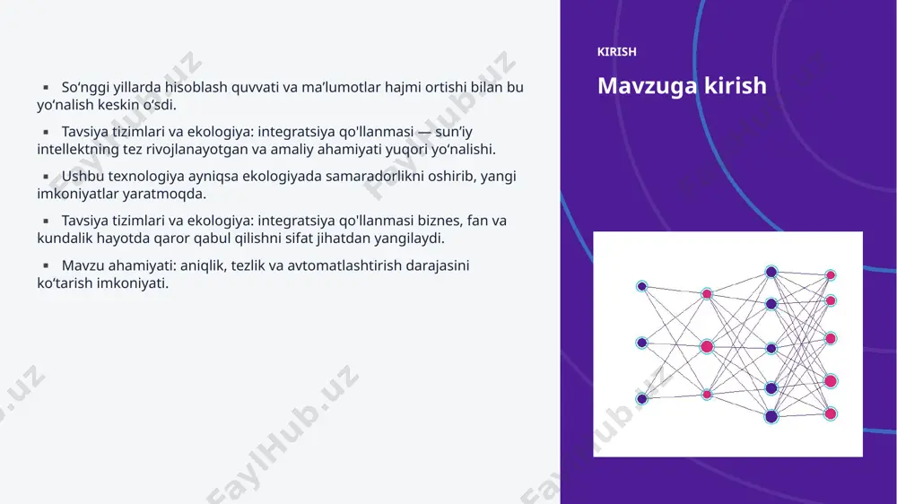 rejalashtirgan. ▪ investitsiyalar hajmi yildan-yilga rekord darajada ortmoqda. ▪ ekologiya sohada talab tez oʻsib bormoqda. ▪ ai koʻnikmalariga ega kadrlarga ehtiyoj keskin yuqori. kelajak kelajak istiqbollari ▪ multimodal va agentlik tizimlar keng tarqaladi. ▪ modellar samaradorligi va energiya tejamkorligi oshadi. ▪ ekologiya sohalarda chuqurroq integratsiya kutilmoqda. ▪ shaxsiylashtirilgan va mahalliy yechimlar koʻpayadi. ▪ inson–ai hamkorligi yangi bosqichga oʻtadi. xulosa xulosa va tavsiyalar ▪ tavsiya tizimlari va ekologiya: integratsiya qo'llanmasi — bugungi va ertangi kunning hal qiluvchi texnologiyasi. ▪ maʼlumot sifati va etik yondashuv muvaffaqiyat kaliti. ▪ bosqichma-bosqich joriy etish xavfni kamaytiradi. ▪ kadrlar malakasini oshirishga investitsiya zarur. ▪ doimiy monitoring va takomillashtirish talab etiladi. eʼtiboringiz uchun rahmat! tavsiya tizimlari va ekologiya: integratsiya qo'llanmasi savollar & muhokama image1.jpg image2.jpg image3.jpg image4.jpg image5.jpg image6.jpg image7.jpg image8.jpg image9.jpg image10.jpg image11.jpg image12.jpg image13.jpg