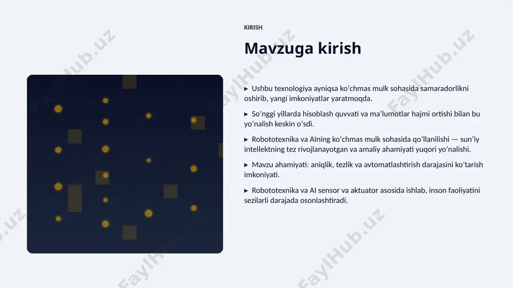 ʻrtacha 19% oʻsmoqda. ▸ kompaniyalarning 55% aini joriy etishni rejalashtirgan. ▸ investitsiyalar hajmi yildan-yilga rekord darajada ortmoqda. ▸ koʻchmas mulk sohada talab tez oʻsib bormoqda. ▸ ai koʻnikmalariga ega kadrlarga ehtiyoj keskin yuqori. kelajak kelajak istiqbollari ▸ multimodal va agentlik tizimlar keng tarqaladi. ▸ modellar samaradorligi va energiya tejamkorligi oshadi. ▸ koʻchmas mulk sohalarda chuqurroq integratsiya kutilmoqda. ▸ shaxsiylashtirilgan va mahalliy yechimlar koʻpayadi. ▸ inson–ai hamkorligi yangi bosqichga oʻtadi. xulosa xulosa va tavsiyalar ▸ robototexnika va aining koʻchmas mulk sohasida qoʻllanilishi — bugungi va ertangi kunning hal qiluvchi texnologiyasi. ▸ maʼlumot sifati va etik yondashuv muvaffaqiyat kaliti. ▸ bosqichma-bosqich joriy etish xavfni kamaytiradi. ▸ kadrlar malakasini oshirishga investitsiya zarur. ▸ doimiy monitoring va takomillashtirish talab etiladi. eʼtiboringiz uchun rahmat! robototexnika va aining koʻchmas mulk sohasida qoʻllanilishi savollar & muhokama image1.jpg image2.jpg image3.jpg image4.jpg image5.jpg image6.jpg image7.jpg image8.jpg image9.jpg image10.jpg image11.jpg image12.jpg image13.jpg image14.jpg image15.jpg image16.jpg