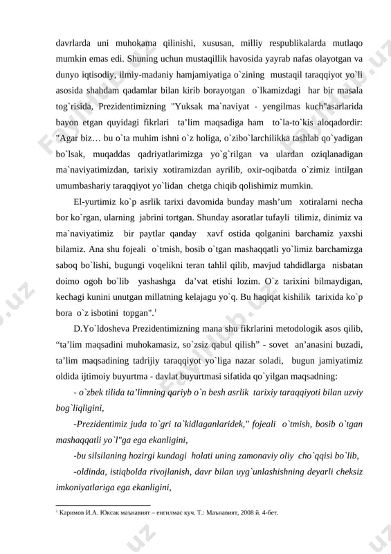 ot yo`liga nazar soladi, bugun jamiyatimiz oldida ijtimoiy buyurtma - davlat buyurtmasi sifatida qo`yilgan maqsadning: - o`zbek tilida ta’limning qariyb o`n besh asrlik tarixiy taraqqiyoti bilan uzviy bog`liqligini, -prezidentimiz juda to`gri ta`kidlaganlaridek," fojeali o`tmish, bosib o`tgan mashaqqatli yo`l"ga ega ekanligini, -bu silsilaning hozirgi kundagi holati uning zamonaviy oliy cho`qqisi bo`lib, -oldinda, istiqbolda rivojlanish, davr bilan uyg`unlashishning deyarli cheksiz imkoniyatlariga ega ekanligini, - o`zbekistonimizda turkiy ma’rifatparvarlarning eramizning vii-viii asrlardayoq o`rtaga qo`ygan "tukriylarga turkona ta’lim berish" maqsadi uzoq mashaqqatli yo`ldan keyin faqat milliy istiqlol sharofati bilan amalda voqelanganligini kitobxonga yetkaza olgan. shuning uchun bu qo`llanmani bo`lg`usi o`qituvchilar va didaktlar uchun foydali manba bo`la oladi deb hisoblayman. …tariximiz haqida gap ketganda, biz hamon rus olimlarining tadqiqotlariga tayanamiz…lekin qachongacha biz tariximizni birovlarning nuqtayi nazari, qarichi bilan baholaymiz. o`z davlatimiz, xalqimiz, millatimiz tarixini o`zimiz tiklamasak, o`zimiz xolisona yozmasak, uni boshqalar boshqacha qilib yozadi. haqqoniy tarixni bilmasdan turib o`zlikni anglash mumkin emas.1 i.a.karimov. ta’lim va ayrim …