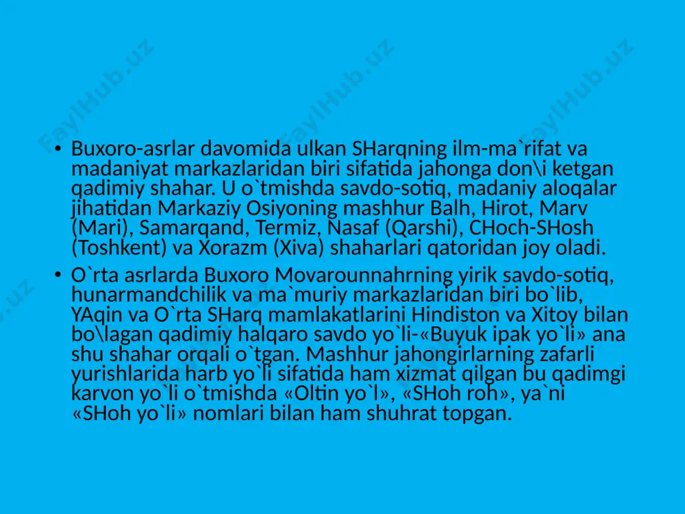 harning paydo bo`lishidan to asrimizning boshlariga qadar bo`lgan tadrijiy taraqqiyotini namoyish etdi. buxoro va uning viloyati bo`ylab arxeologik obidalarni tadqiq etishda y. g‘ulomov, v.a.shishkin, a.asqarov, u.islomov, m.r.osimov, i.ahrorov, t.mirsoatov, o.v.obelchenko, s.k.kabanov, v.d.jukov, g.v.shishkina, x.duke, j..mirzaahmedov, p.valiev, g.dadaboev, u.olimov, sh.t.odilov, g.l.semenov singari olimlarimizning hissasi ayniqsa katta bo`ldi. ular tomonidan yillar davomida muttassil olib borilgan arxeologik tadqiqotlar o`z samarasini berdi, albatta. o`lkaning qadimgi tabiati, aholisi va uning yaratgan o`ziga xos madaniyati o`zlashtirilib, obod etilishi hamda unda ibtidoiy chorvachilik va dehqonchilik xo`jaliklarining shakllanishi, shuningdek, katta-kichik qishloq va shaharlarning paydo bo`lishi tarixinigina emas, balki zarafshon vodiysida urbanizatsiya jarayonini vujudga kelishi va uning o`ziga xos xususiyatlarini o`rganishda ham asosiy manba bo`lib xizmat qiladi. xalqning turmushi, xujalik faoliyati va o`tmishi haqida ma`lumot beruvchi muhim manbalardan biri joy nomlaridir. o`lkamizdagi eng qadimgi aholi manzillari bo`lgan qishloqlar dehqonchilikning paydo bo`lib, aholini o`troq turmush tarziga o`tishi bilan paydo bo`la boshlaganligi tarixdan ma`lumdir. bunday joylar turli nomlar bilan atalgan, albatta. …