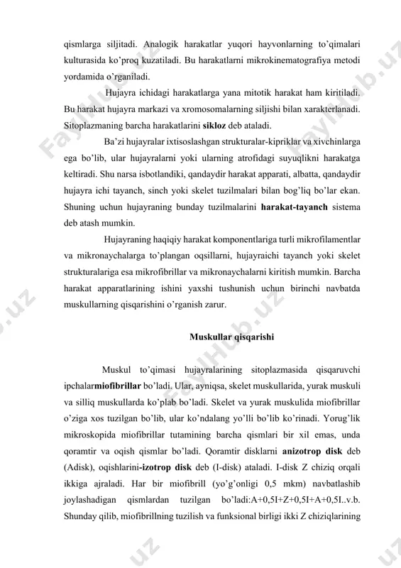 ..v.b. shunday qilib, miofibrillning tuzilish va funksional birligi ikki z chiziqlarining oralig’isarkomera ekan. sarkomeraning kattaligi bo’shashgan holda bir xil (hayvonning turiga qarab 1,8-2,8mkm) bo’ladi. sarkomeraning tuzilishi elektron mikroskop orqali o’rganildi. ma’lum bo’lishicha, miofibrill o’z navbatida yana ham ingichkaroq ipchalar-protofibrillardan tashkil topar ekan, ularning diametri sarkomeraning turli qismlarida turlicha bo’ladi. i disklarda uzunligi 1 mkm atrofida bo’lgan ingichka (7nm) iplar, a disklarda ingichka iplardan tashqari uzunligi 1,5 mkm bo’lgan yo’g’on (16 nm) iplar ham bo’lar ekan. protofibrillar bir-biriga parallel holda joylashadi, biri ikkinchisiga o’tmaydi. agar e’tibor berib qaralsa, sarkomeraning uzunasiga protofibrillarning uchta: z chiziq bilan birikkan ingichka, keyin yo’g’on va yana z chiziq bilan birikkkan ingichka qismlar ko’zga tashlanadi. a disk zonasida yo’g’on fibrilldan tashqari z chiziqdan keladigan ingichka fibrill oxiri joylashadi (ilova,19). ingichka iplar, asosan, aktin, qisman tropomiozin va troponin, yo’g’onlarimiozin oqsilidan tarkib topganligi aniqlangan. z disklar α-aktin va desmin oqsillaridan tuzilgan. aktinning molekulyar og’irligi 43,5 ming bo’lib, kattaligi 3 …