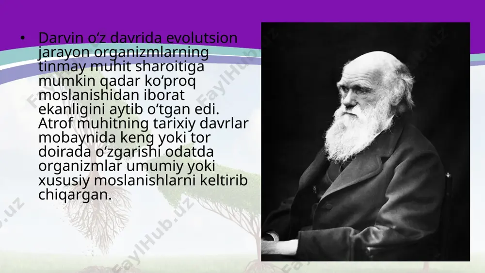 sh – progressga qaramaqarshi o‘laroq, biologik regress ham uchraydi. biologik regressda muhit sharoitiga organizmlar yetarlicha moslasha olmaganliklari sababli ularning: a) avloddan avlodga o‘tgan sari individlar soni kamayadi; b) tarqalgan areali torayadi; d) populatsiyalar, turlar soni qisqaradi. o‘simliklardan ginkgolar oilasi, sutemizuvchilardan hasharotxo‘rlar turkumiga kiruvchi faqat ikki turdan iborat vixuxol avlodi biologik regress holatidadir. evolutsiyaning turli yo‘nalishlari orasidagi bog‘lanishlar. hayvonlar va o‘simliklarning tarixiy rivojlanishida aromorfozlar idioadaptatsiyaga nisbatan kam uchraydi. shunga qaramay aromorfozlar organik olamning rivojlanishida doimo yangi, yuqori bosqich amalga oshganligini ifodalaydi. aromorfoz yo‘nalishi tufayli tuzilishi murakkablashgan organizmlar ajdodlarga nisbatan yangi o‘zgargan muhitga ko‘proq moslashadilar. bu moslashish evolutsiyaning idioadaptatsiya, ba’zan umumiy degeneratsiya yo‘nalishi bilan mustahkamlanib boradi. image2.jpeg image3.jpeg image4.jpeg image5.jpeg image6.jpeg image7.jpeg image8.jpeg image9.jpeg image10.jpeg image1.jpeg