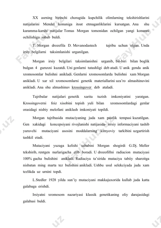 deb karalgan. kupchilik genlarni oksilli tabiatga ega deb karalgan. 1965 yilda mendel’ tugilgan kunni 100 yilligida genlar tabiati tulik ochildi. rentgenostruktura taxlil vositasida makromolekulalarni uch ulchamli struktura tizimi aniklandi. 1943 yilda osval’d eyveri xodimlari bilan genetik informaciyani (ma’lumotni) tashib yuruvchi faktor dnk- disoksiribonuklein kislotasi ekanligini anikladi. 1953 yilda esa dnk modeli tuzildi. dnk tekshirish dnk strukturasini urganishga 80 yil sarflandi. uning bir kismi shvecariya biokimyogari fridrix misher ishi bulib 1868-1872 yillarda spermatozonddddddan yangi tarkibida fosfor moddasi bulgan nuklein (grekcha suzdan –yadro) ajratib olindi. 1890 yilda olmoniyalik kimyogar r.al’tman birinchi bulib oksildan ajratilgan nukleinni olib uni nuklein kislotasi deb atashni taklif etgan. ana shu paytda a.kossel’ nuklein tarkibidan: tarkibi azotdan iborat bulgan- adenin va guanin, fosfor kislotasini va uglevodorod (karbonsuv) birikmalarini ajratib olishga erishdi. keyinchalik nuklein kislotalari dnk va rnk iboratligi aniklandi. rnkda dezoksiriboza urniga riboza, turtta azot azoslaridan timin urniga uracil almashib dnk dan rnk fark kiladi. genlarni dnk iboratligi. …