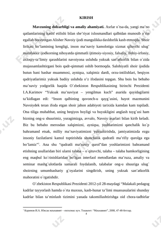 h; - interfaol metodlarning turlari haqida ma’lumotlar keltirish; - modulning ma’ruza, amaliy va seminar mashg’ulotlarini tashkil etishdan ulardan foydalanish haqidagi tavsiyalarni bayon etish. bitiruv loyiha ishining tuzilishi. bitiruv loyiha ishi kirish, ikki asosiy bob, xulosa va foydalanilgan adabiyotlar ro`yxatidan tarkib topgan. i bob. “alisher navoiy lirikasi” modulini o`qitishning ustuvor yo`nalishlari 1.1 alisher navoiy lirik merosining manbalari, shoir devonlari, ularning tartib berilishi tarixi, janriy tarkibi va mavzular olami. alisher navoiy lirikasi – o`zbek mumtoz adabiyoti xazinasiga qo`shilgan qiyossiz noyob durdonadir. bu buyuk tafakkur sohibining badiiy yaratmalarisiz, nafaqat, turkiy, balki boshqa qardosh xalqlar adabiyoti ravnaqini tasavvur etish qiyin. zero, ulug’ shoir she’riy merosida o`ziga qadar yaratilgan sharq mumtoz adabiyoti an’analarini davom ettiribgina qolmay, yangi badiiy timsollarga murojaat etish orqali mutafakkirona qarashlarini ifodalash bilan ularning mavzular ko`lamini boyitdi, inson ruhiyatining murakkab qirralarini san’atkorona tasvirlashga erishdi. bu, albatta, o`z navbatida shoirning she’riy merosi o`zbek va boshqa xalqlar qalamkashlari uchun ijod maktabi, ilhom manbayi vazifasini …